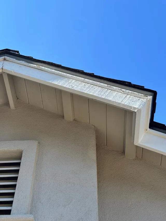Fascia board and gutter line prepared and primed