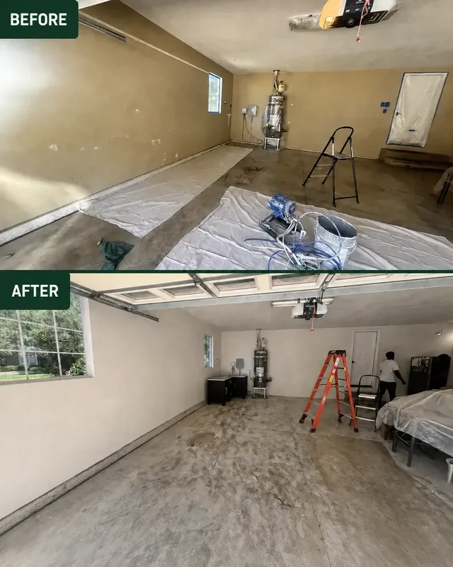 Before and after of a garage interior, masked and prepared above, finished below